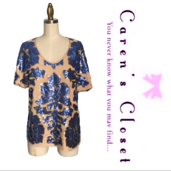 NWT Tracy Reese Royal Blue & Nude Sequined Top - Picture 4 of 7